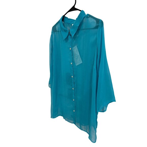 Roamans NWT Sheer Turquoise Button-Up Blouse Sz 1X Top Swim Cover Up - Picture 3 of 12